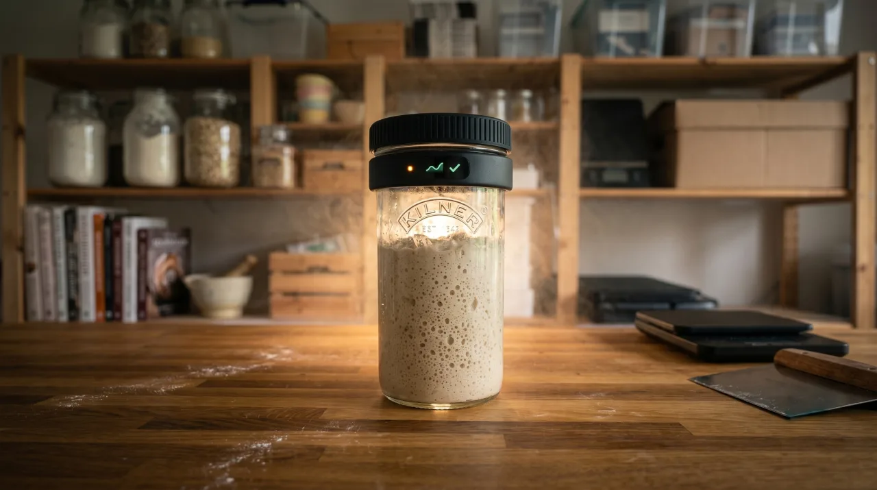 The Loafy Sense smart sourdough device on a kitchen counter.