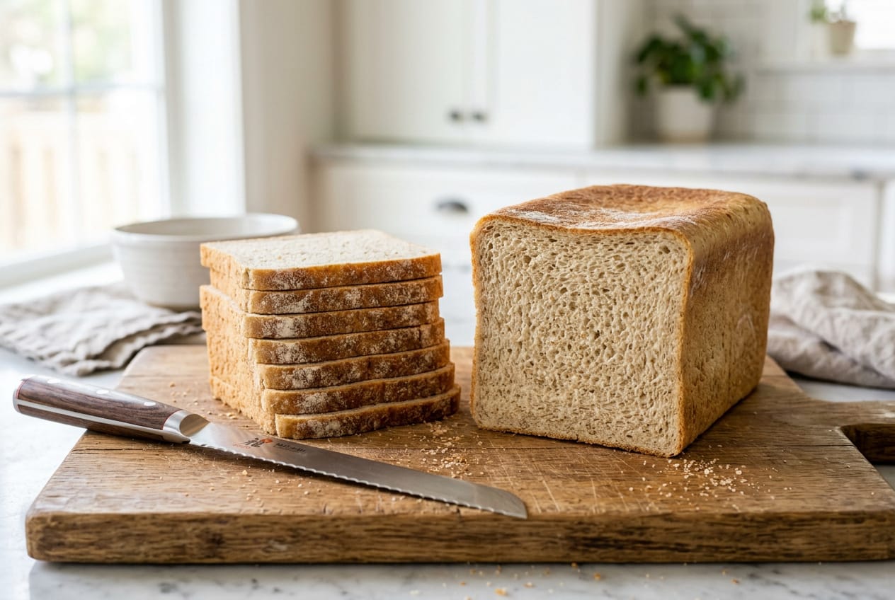 A flat-topped sandwich loaf cut open next to a stack of even slices