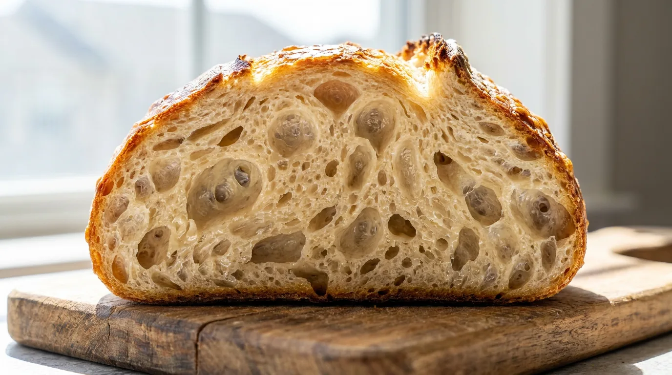 Cross-section of a sourdough loaf with a beautiful open crumb