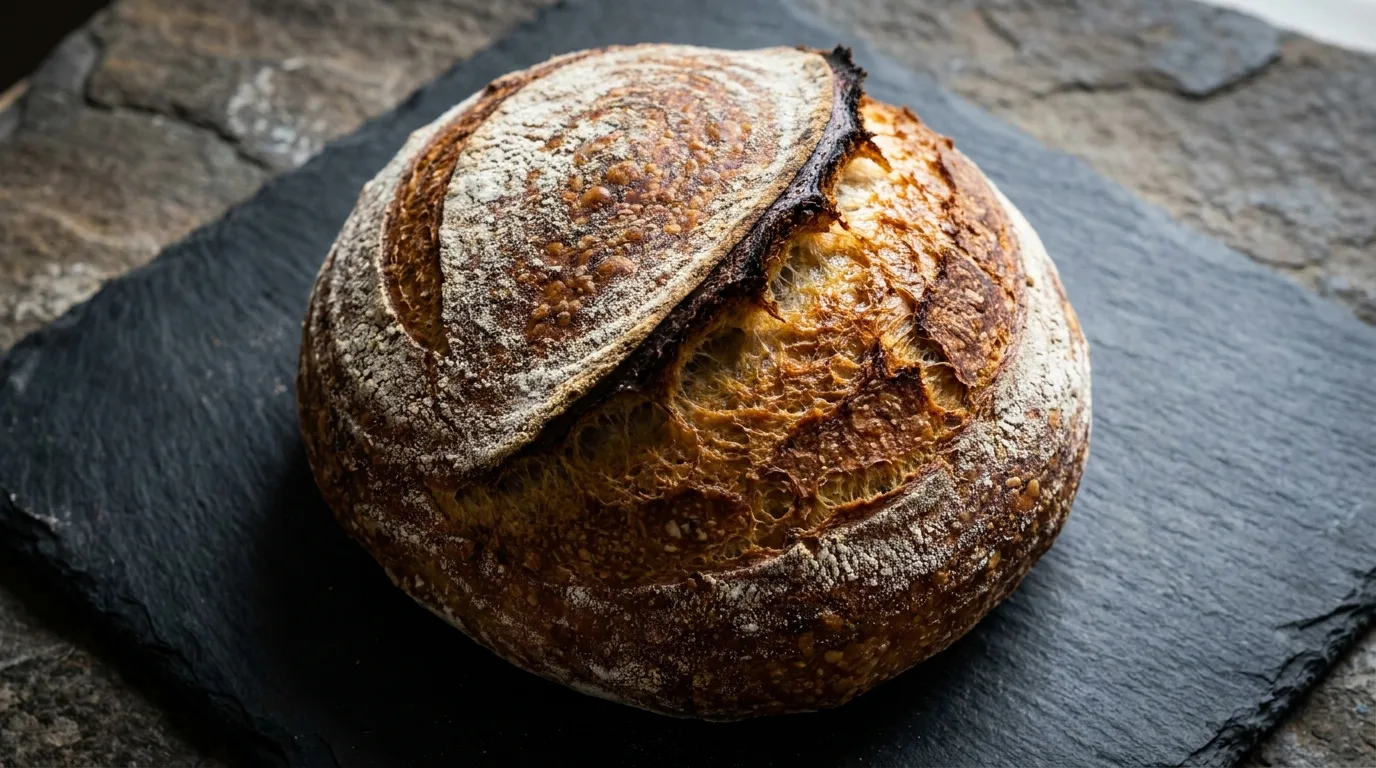 A round sourdough loaf with a deep golden crust and a pronounced ear
