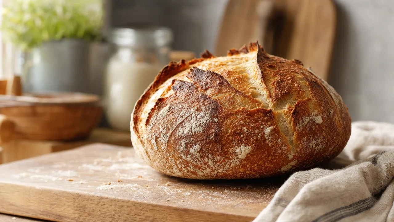 A freshly baked rustic sourdough loaf with a golden, crackly crust
