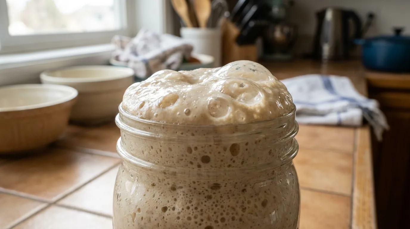 A jar of bubbly, active sourdough starter at its peak